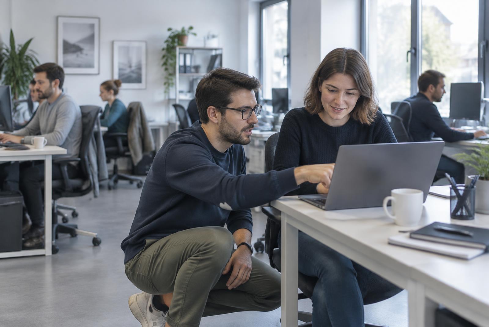 Technicien accompagnant une collaboratrice d'une PME